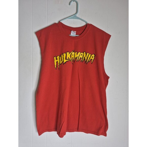 Gildan Other - Vtg  Wrestling Shirt Sleeveless Hulkamania Spellout Red Hulk Hogan Men's Size XL